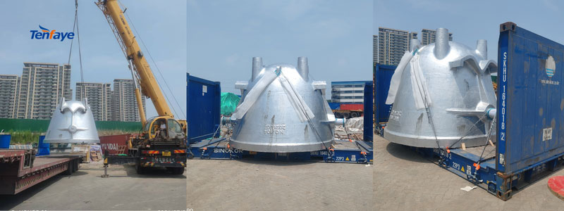 Large-scale cast steel slag pots packed and ready for shipment to South Korea
